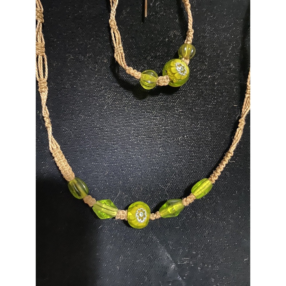 Boho Hippie Glass Bead Handmade Womens Necklace Bracelet Set Cotton‎ Green